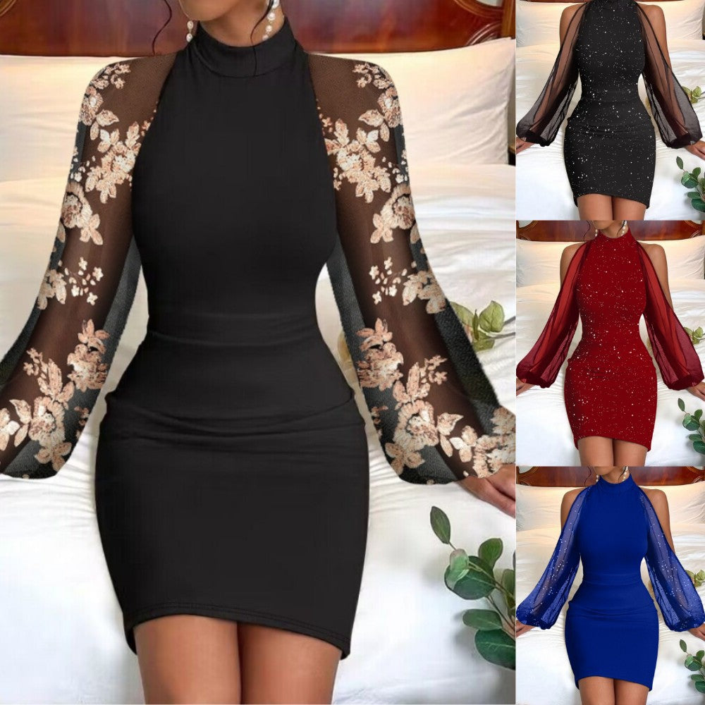 Robe fourreau cintrée pour femmes avec col montant et manches trompette transparentes brodées Echoarchiv