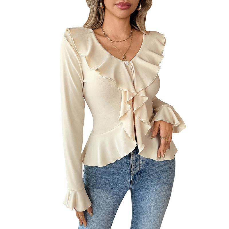 Blouse en Chiffon à Volants pour Femmes avec Boutonnière, Basque Cintrée et Col Volant Echoarchiv