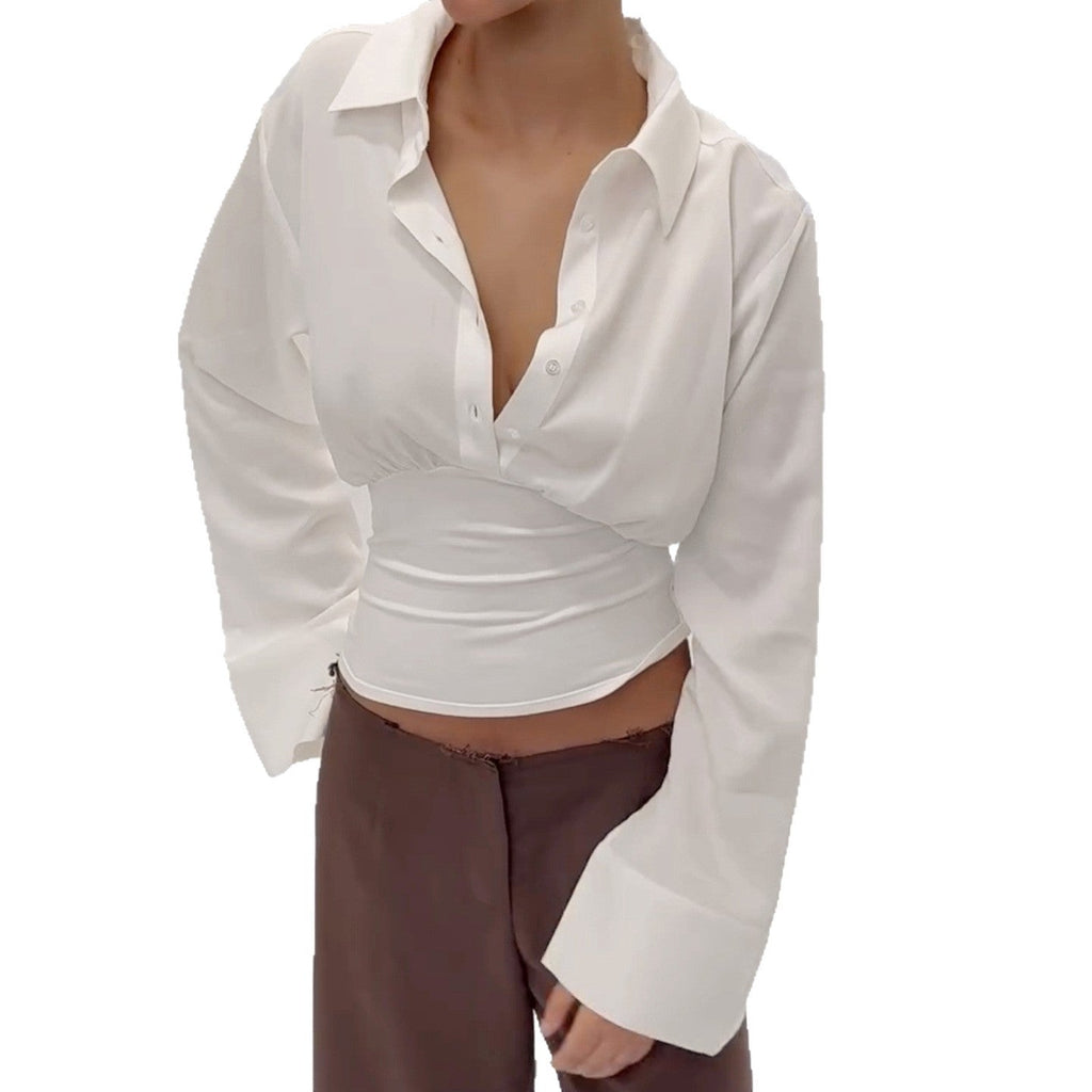 Chemisier cropped cintré pour femmes avec col chemise et large ceinture élastique Echo Archiv