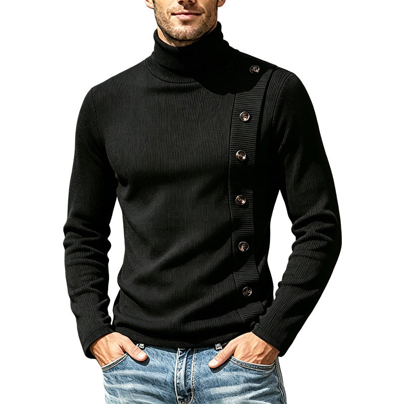 Pull à col roulé Slim-Fit pour hommes avec patte de boutonnage décorative asymétrique en maille côtelée Echoarchiv