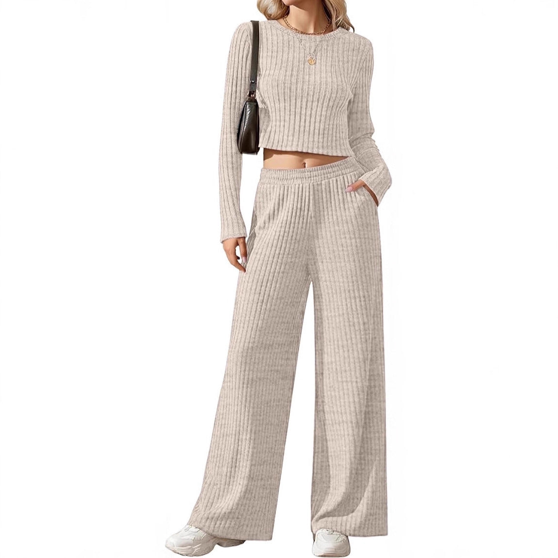 Ensemble Lounge en Tricot Fins Côtelé pour Femmes avec Top à Manches Longues Court et Pantalon Palazzo Taille Haute Echoarchiv