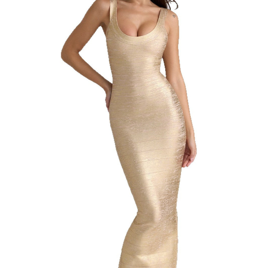 Robe maxi ajustée pour femmes en tissu scintillant avec décolleté plongeant Heidi-Mode