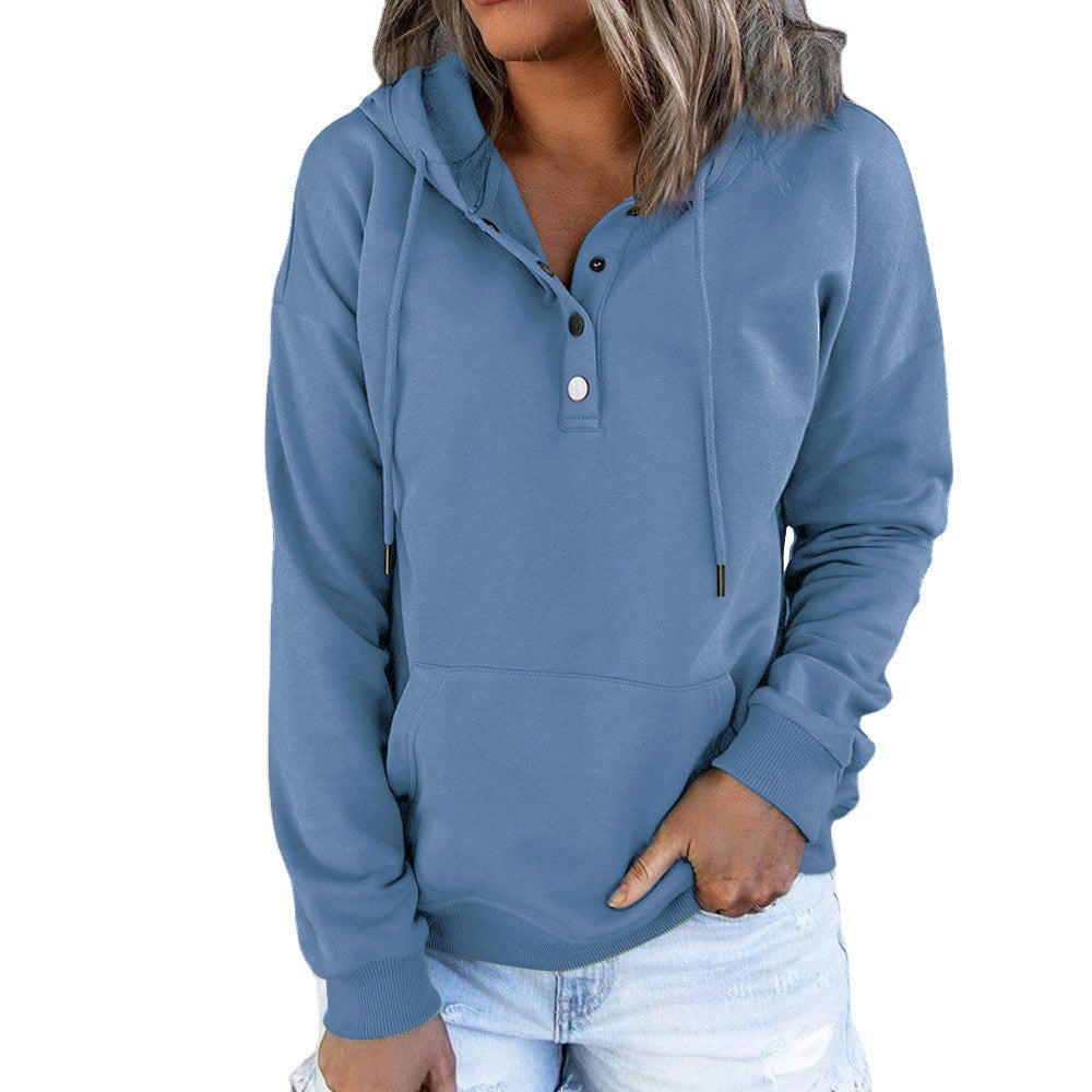 Sweat à capuche pour femmes avec patte de boutonnage Henley, poche kangourou et coupe décontractée Echoarchiv