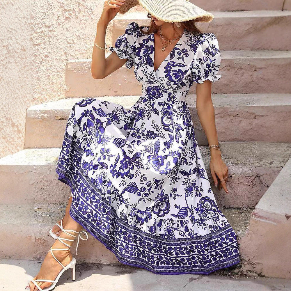 Robe maxi Boho cintrée pour femmes avec décolleté en V, manches bouffantes et jupe à volants R&B