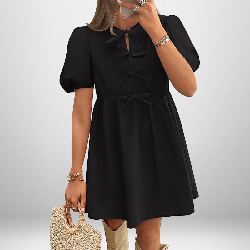 Robe Courte À Manches Bouffantes Et Détails Nœud Pour Femme | Idéale Pour Sorties Et Occasions