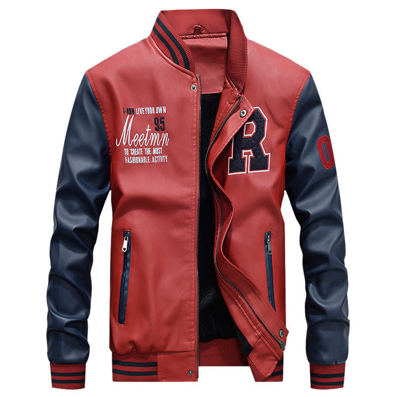 Veste en cuir Varsity pour hommes au style universitaire avec patch logo brodé, design à manches contrastées et bords côtelés Echo Archiv