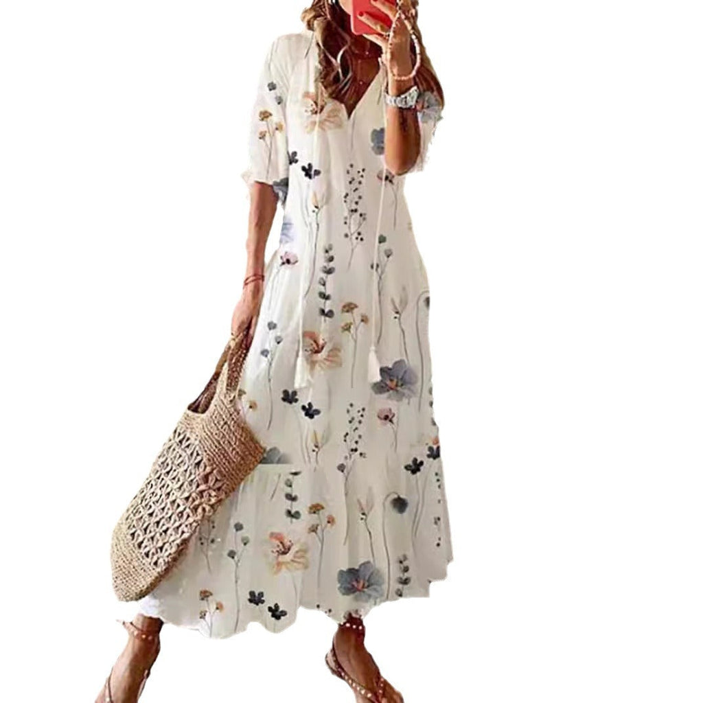 Robe maxi aérienne pour femme en A-line avec décolleté en V, manches à revers décontractées et imprimé floral en allover R&B