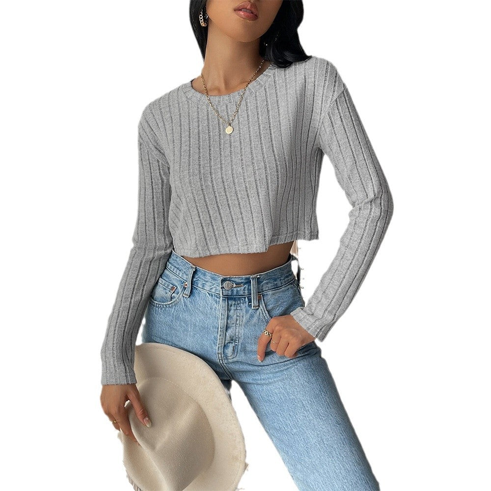 Top en tricot court à côtes pour femmes avec col rond et coupe cintrée
