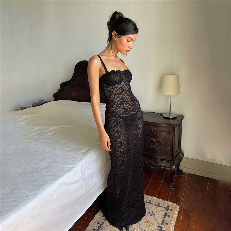 Robe longue en dentelle élégante pour femmes avec fente séduisante et bretelles spaghetti Heidi-Mode