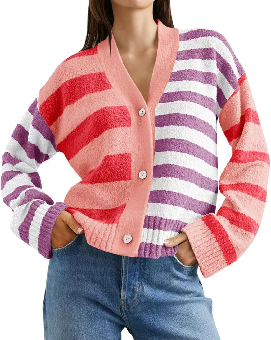 Cardigan en éponge à rayures décontracté pour femmes avec décolleté en V et patte de boutonnage Echoarchiv