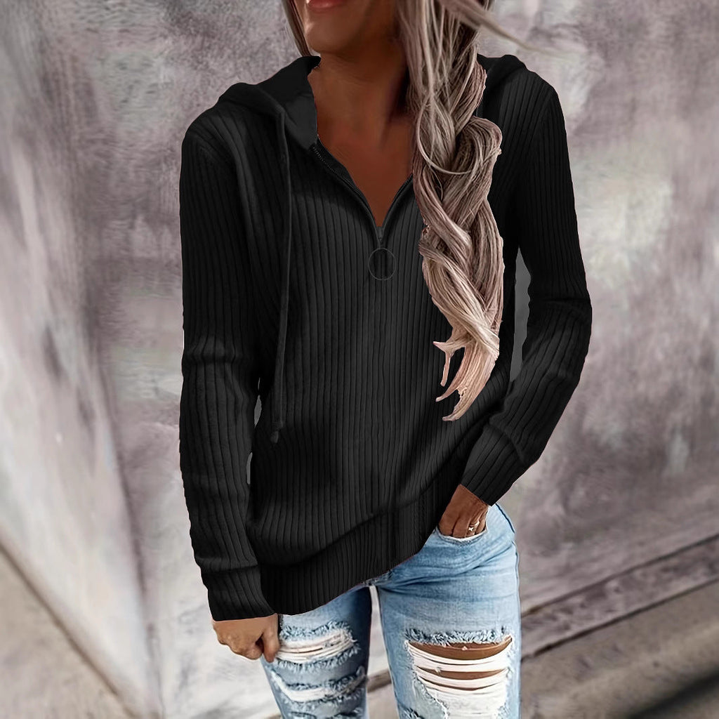 Hoodie à col montant en tricot côtelé pour femmes avec fermeture éclair mi-haute et tirette en anneau Echoarchiv