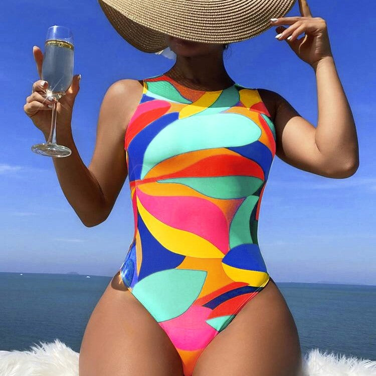 Maillot de bain une pièce sportif pour femmes avec motif de feuilles colorées Drune
