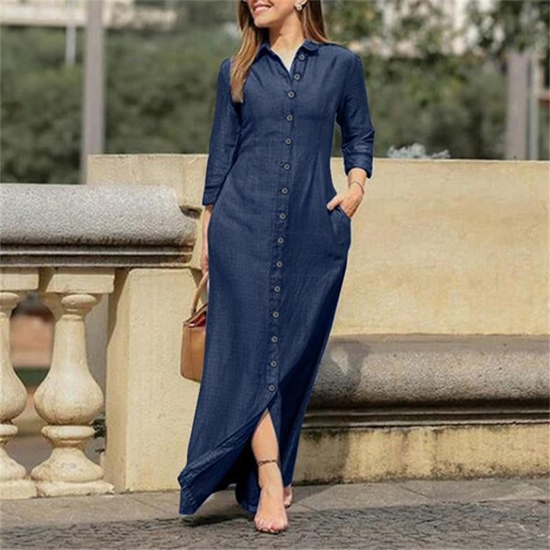 Robe maxi femme, robe chemise avec boutons et poches latérales
