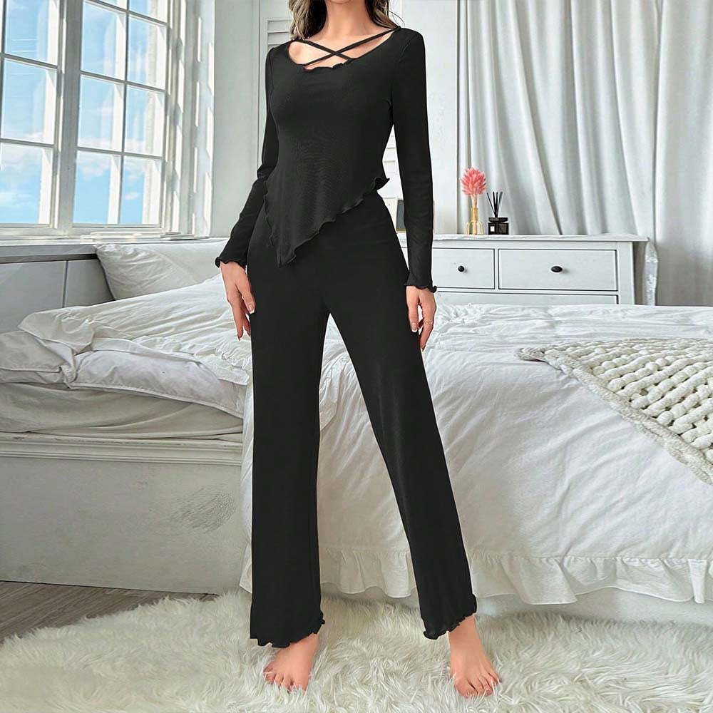 Ensemble lounge décontracté pour femmes avec haut asymétrique à pointes, décolleté croisé et pantalon large