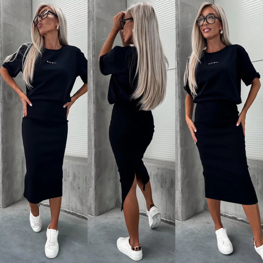 Ensemble tricoté deux pièces pour femmes avec t-shirt boxy oversize et jupe midi flatteuse avec fente latérale Echo Archive