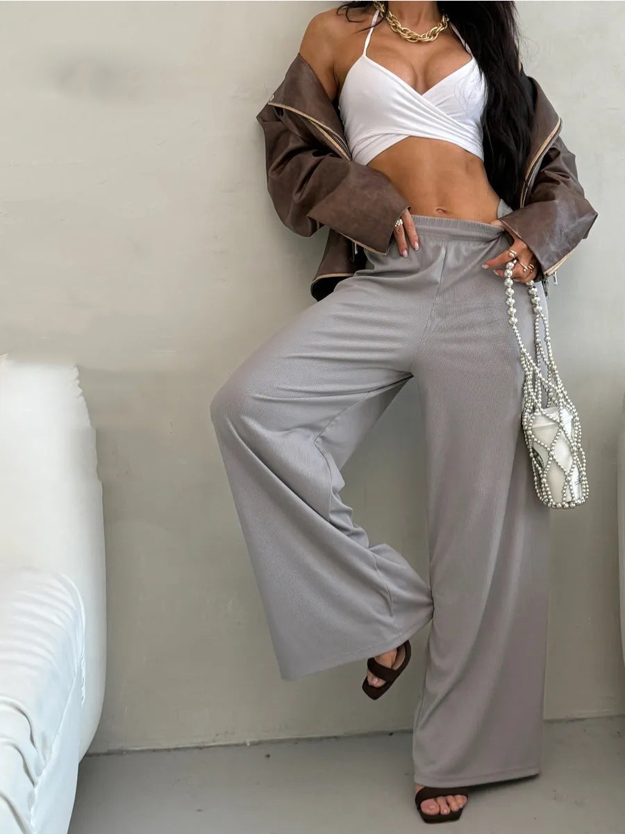 Pantalon Palazzo large taille haute pour femmes en jersey côtelé avec taille élastique Echo Archive