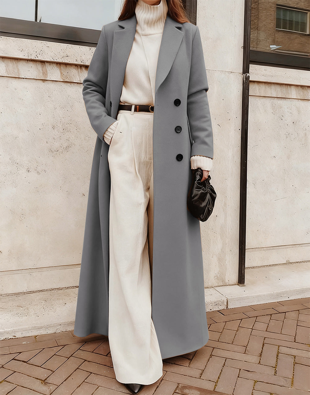 Manteau Long à Double Boutonnage pour Femme avec Poches Profondes