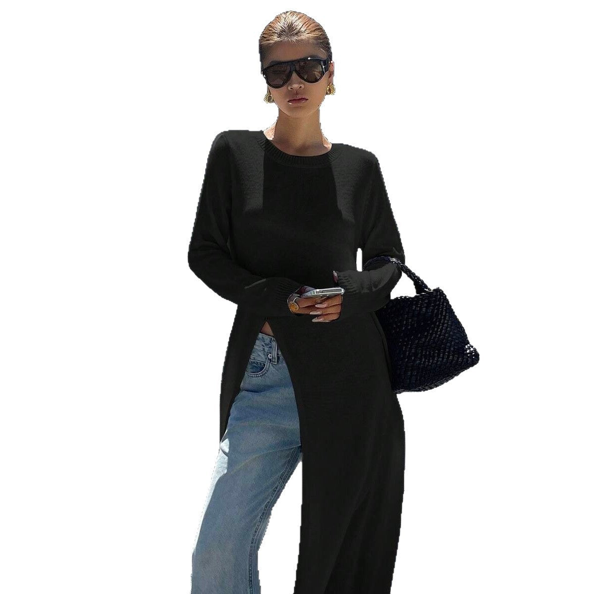 Tunique-pull long en maille fine pour dames avec fente latérale haute Echoarchiv