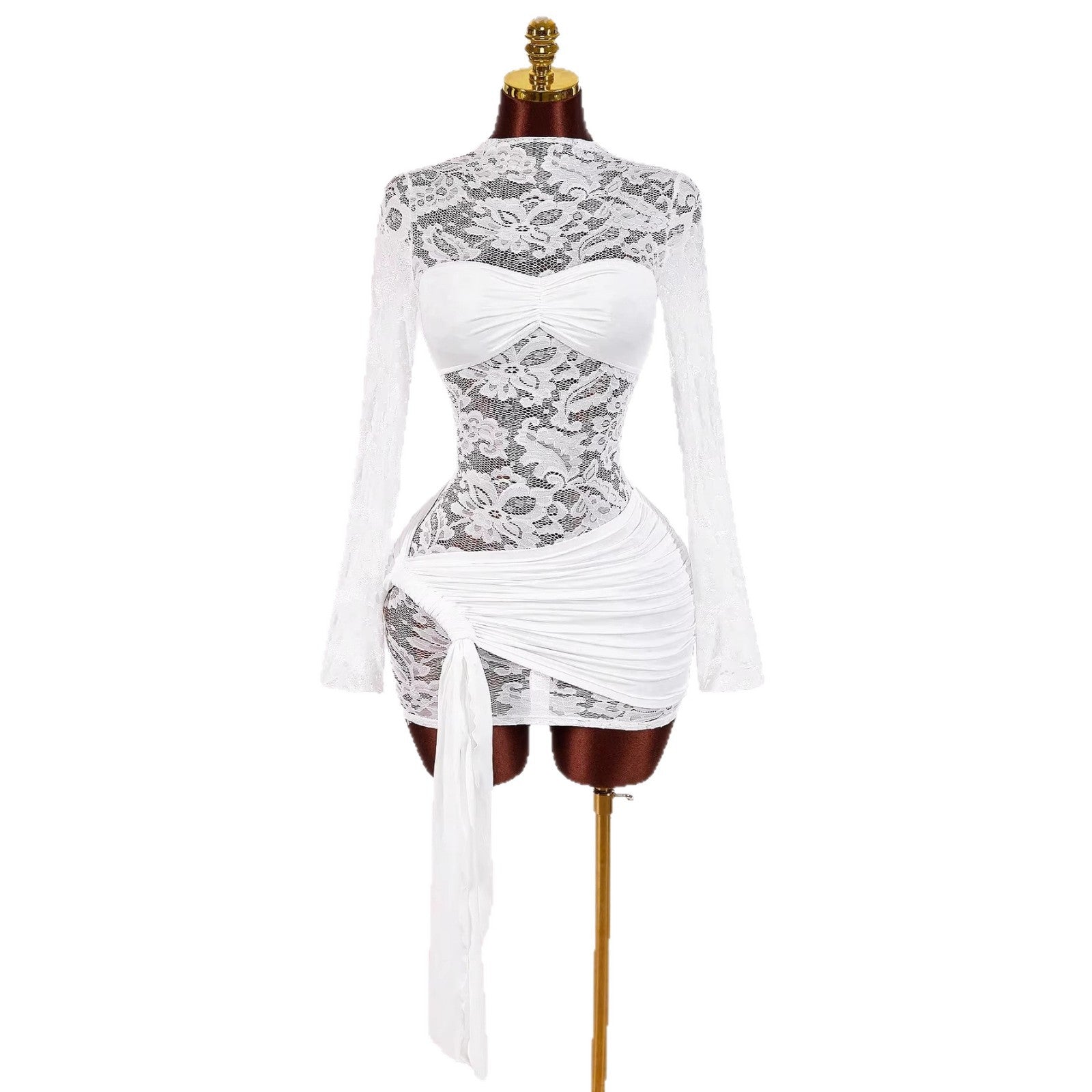 Robe mini en dentelle transparente pour femmes avec empiècement bandeau, jupe portefeuille froncée et manches longues R&B