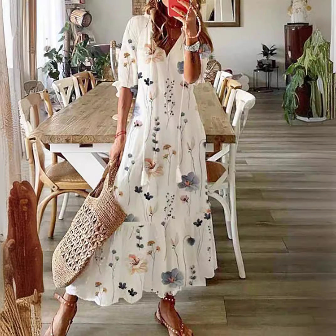 Robe maxi aérienne pour femme en A-line avec décolleté en V, manches à revers décontractées et imprimé floral en allover R&B