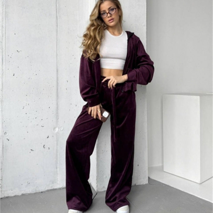 Ensemble de survêtement en velours doux pour femmes avec capuche, fermeture éclair et jambes larges Echo Archiv