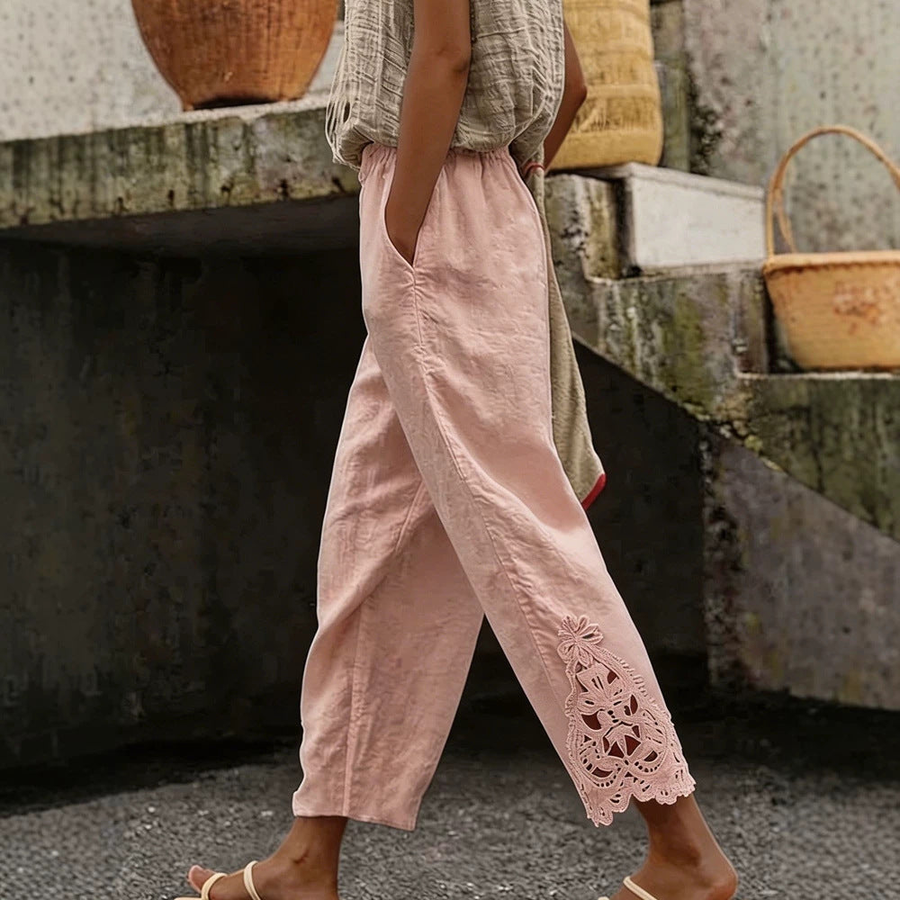 Pantalon en lin élégant pour femmes avec délicate dentelle R&B