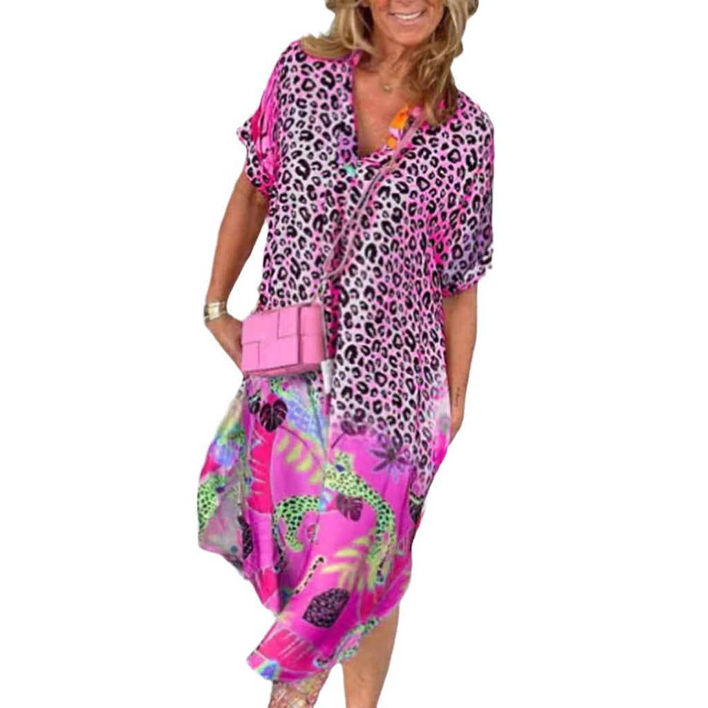 Robe midi à décolleté en V, ample, avec motif léopard et motifs tropicaux R&B
