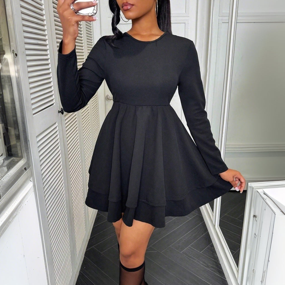 Robe mini à volants à manches longues pour femmes avec taille empire cintrée, jupe à volants multi-couches et silhouette en A flatteuse
