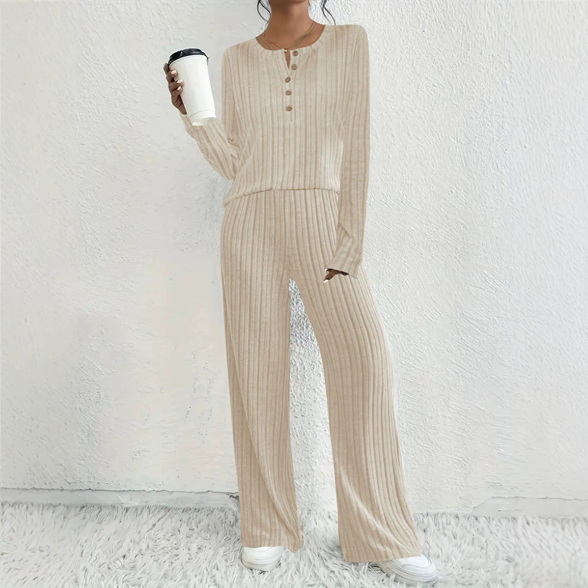 Ensemble Lounge Rippé pour Femmes avec Haut Henley et Pantalon Palazzo Echoarchiv