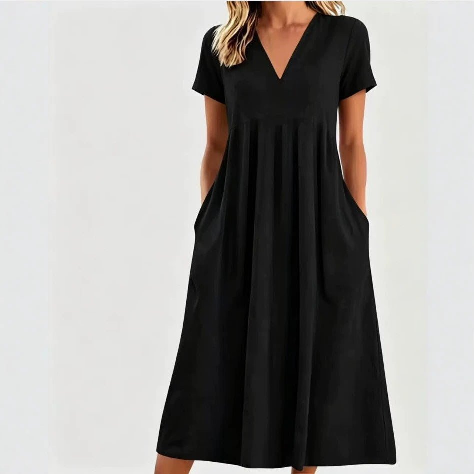 Robe midi à décolleté en V pour femmes avec poches et couture empire froncée R&B