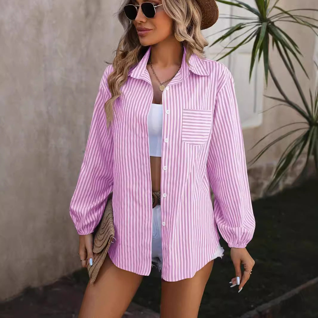 Chemisier Oversized à Rayures pour Femmes avec Poche Poitrine et Manches Bouffantes Echo Archiv