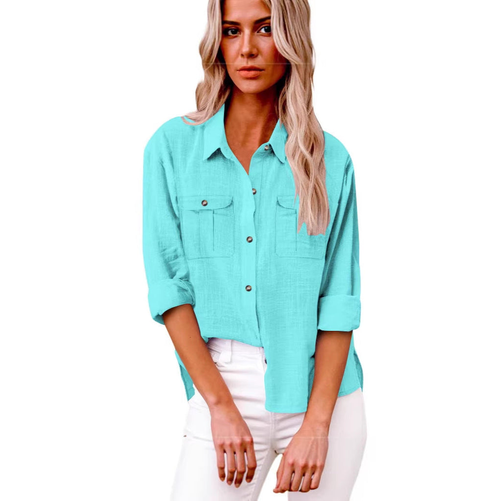 Chemisier oversize léger pour femmes en mélange de coton avec poches poitrine