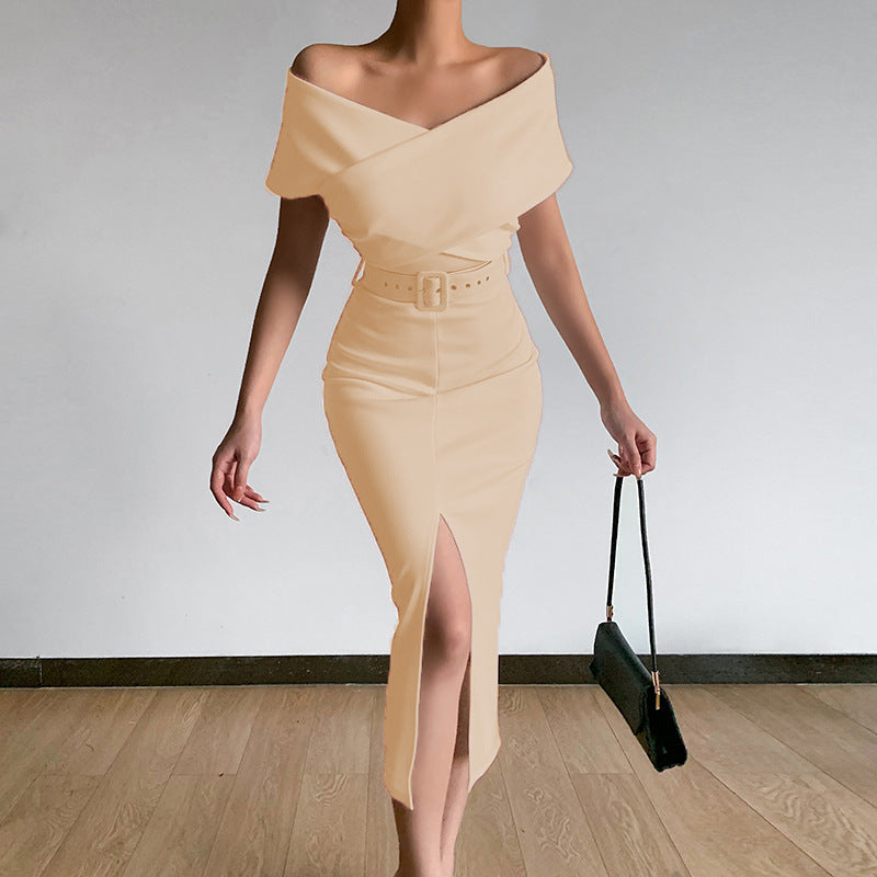 Robe Maxi Off-Shoulder pour Femme avec Ceinture à la Taille et Fente Latérale R&B
