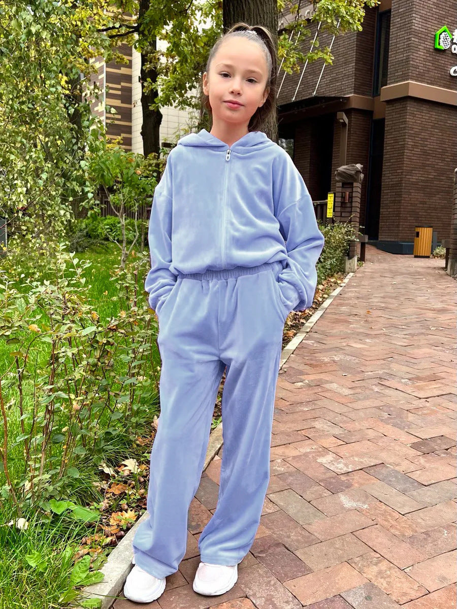 Ensemble de jogging à capuche en velours pour femmes avec fermeture éclair intégrale, ceinture élastique à cordon et jambe droite