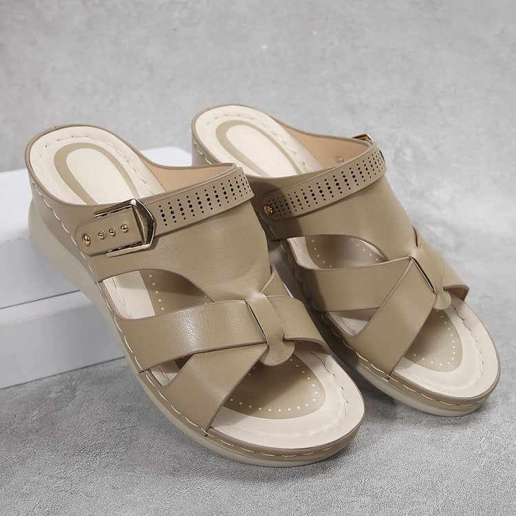 Pantolettes à talon compensé pour femmes avec élégant lanière croisée et semelle intérieure confortable R&B