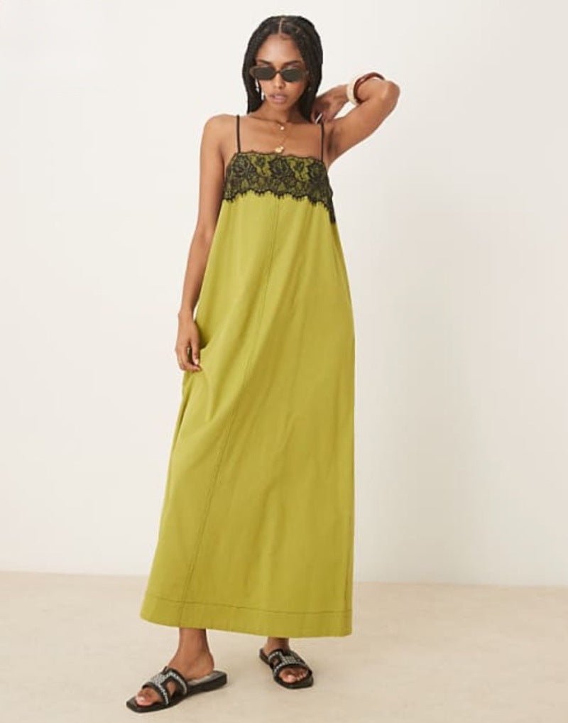 Robe maxi inspirée de la lingerie de nuit pour femmes avec bustier en dentelle et fines bretelles spaghetti R&B