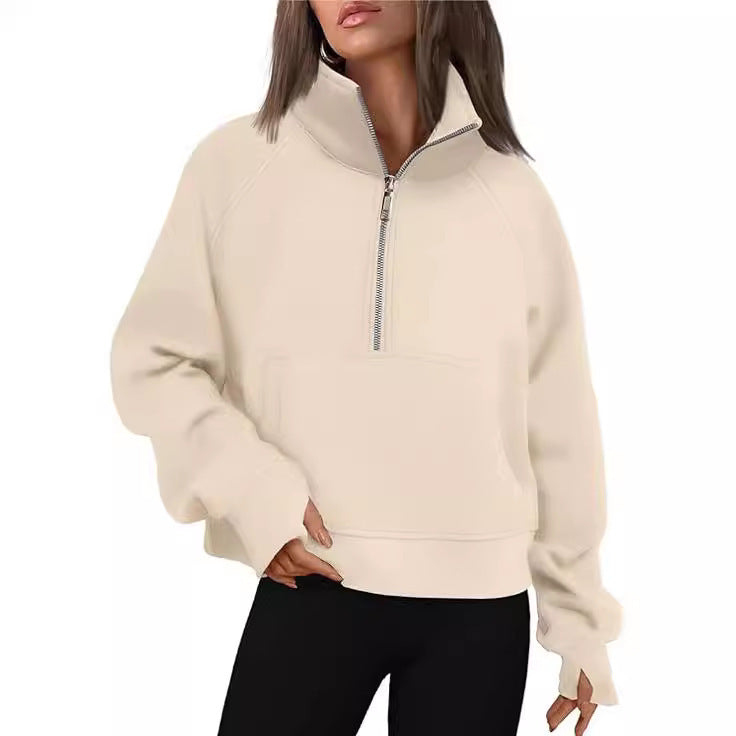 Sweat à capuche femme en polaire oversize raccourci avec demi-fermeture éclair, col montant, poche kangourou et poignets avec trou pour le pouce Echo Archiv