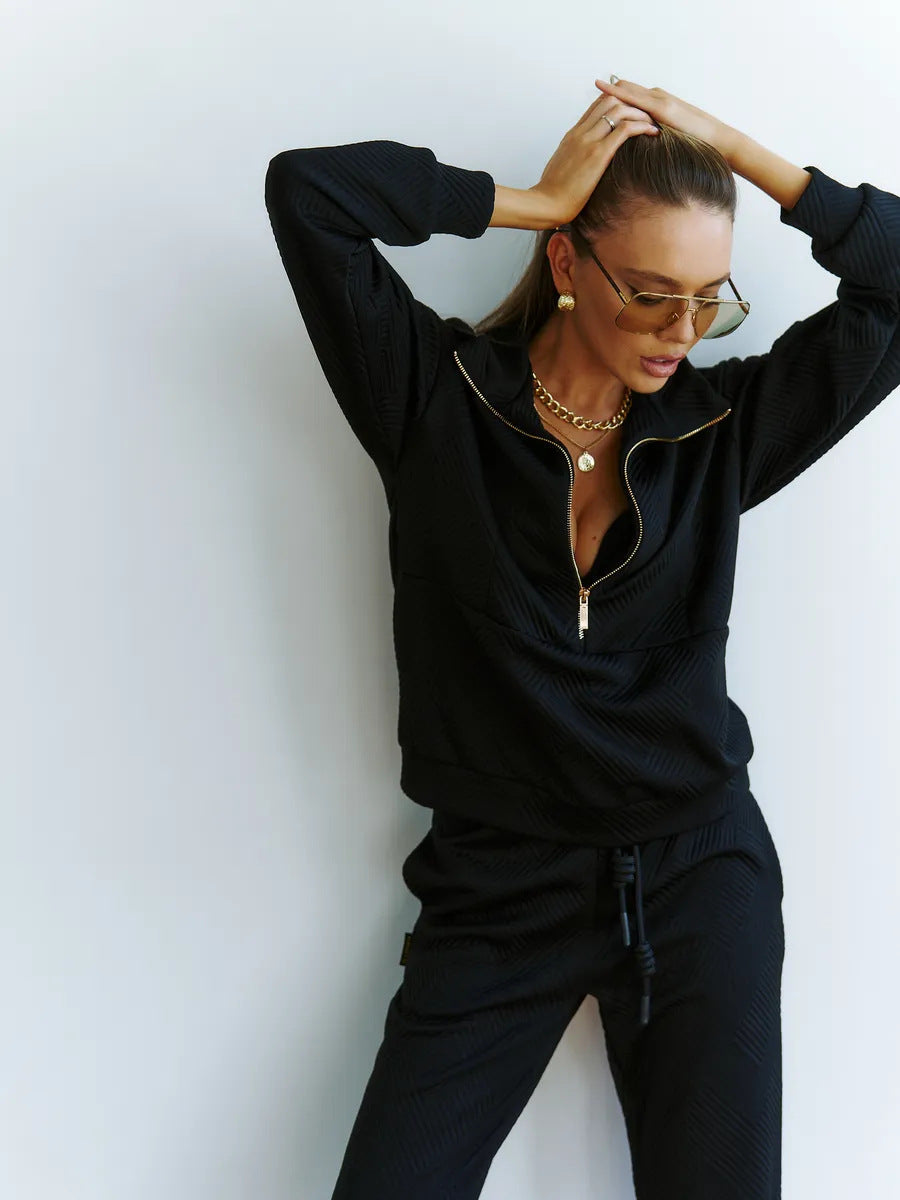 Ensemble lounge en jacquard structuré pour femmes avec pull à demi-zip et pantalon relaxant fuselé Echo Archive