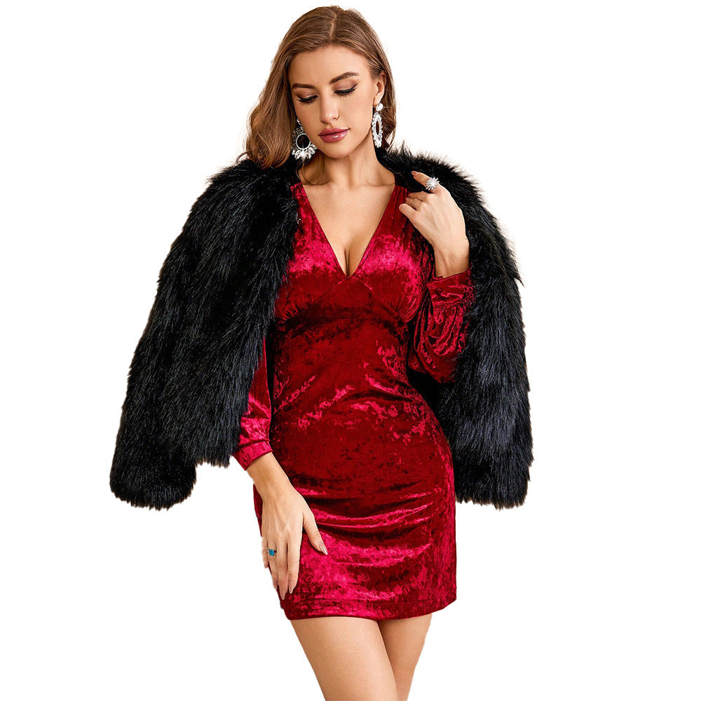 Robe en velours pour femmes avec décolleté en V, silhouette Bodycon cintrée et manches ballon longues Echo Archive