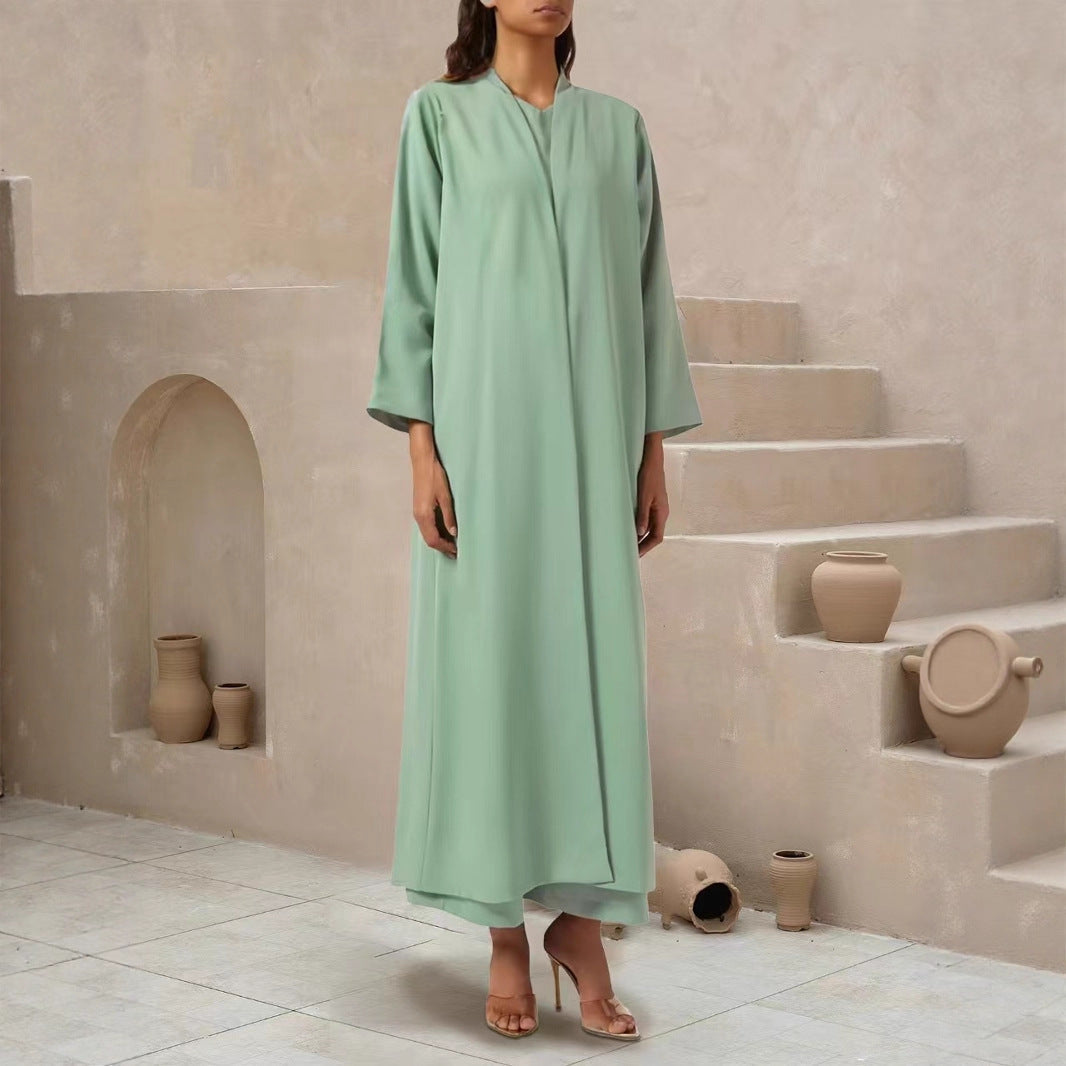 Manteau Maxi Kaftan Fluide pour Femmes avec Devant Ouvert et Col Montant Minimaliste