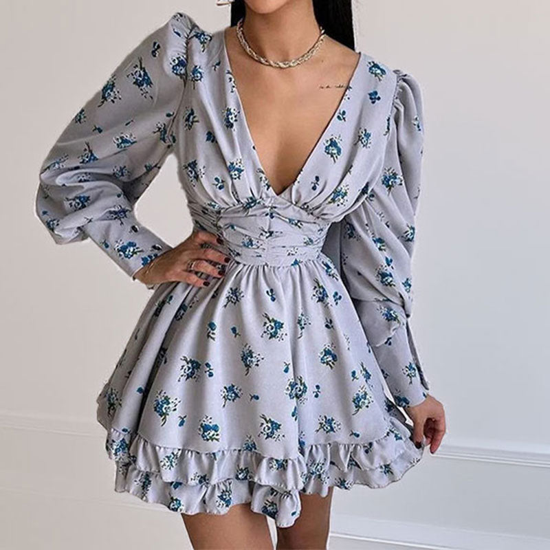 Robe Courte À Manches Amples Avec Motif Floral Et Col V Pour Femme | Idéale Pour Occasions Et Sorties