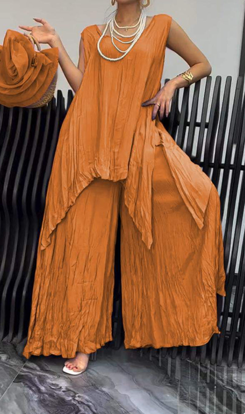 Ensemble léger à effet froissé pour femmes avec tunique sans manches et pantalon palazzo R&B