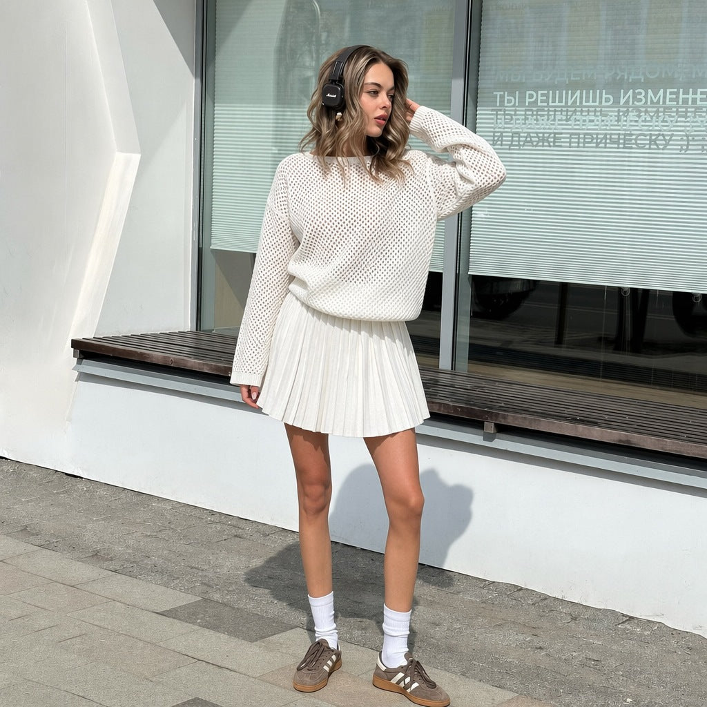Pull en maille oversize pour femmes avec ensemble de mini-jupe plissée