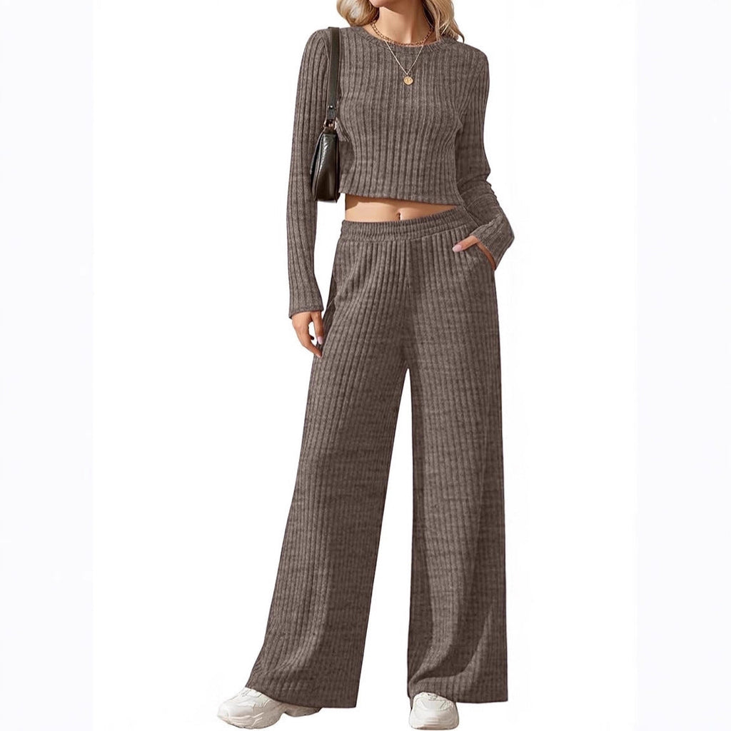 Ensemble Lounge en Tricot Fins Côtelé pour Femmes avec Top à Manches Longues Court et Pantalon Palazzo Taille Haute Echoarchiv