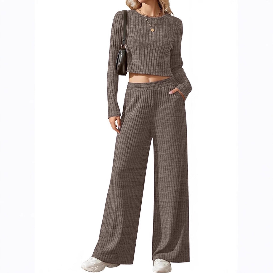 Ensemble Lounge en Tricot Fins Côtelé pour Femmes avec Top à Manches Longues Court et Pantalon Palazzo Taille Haute Echoarchiv