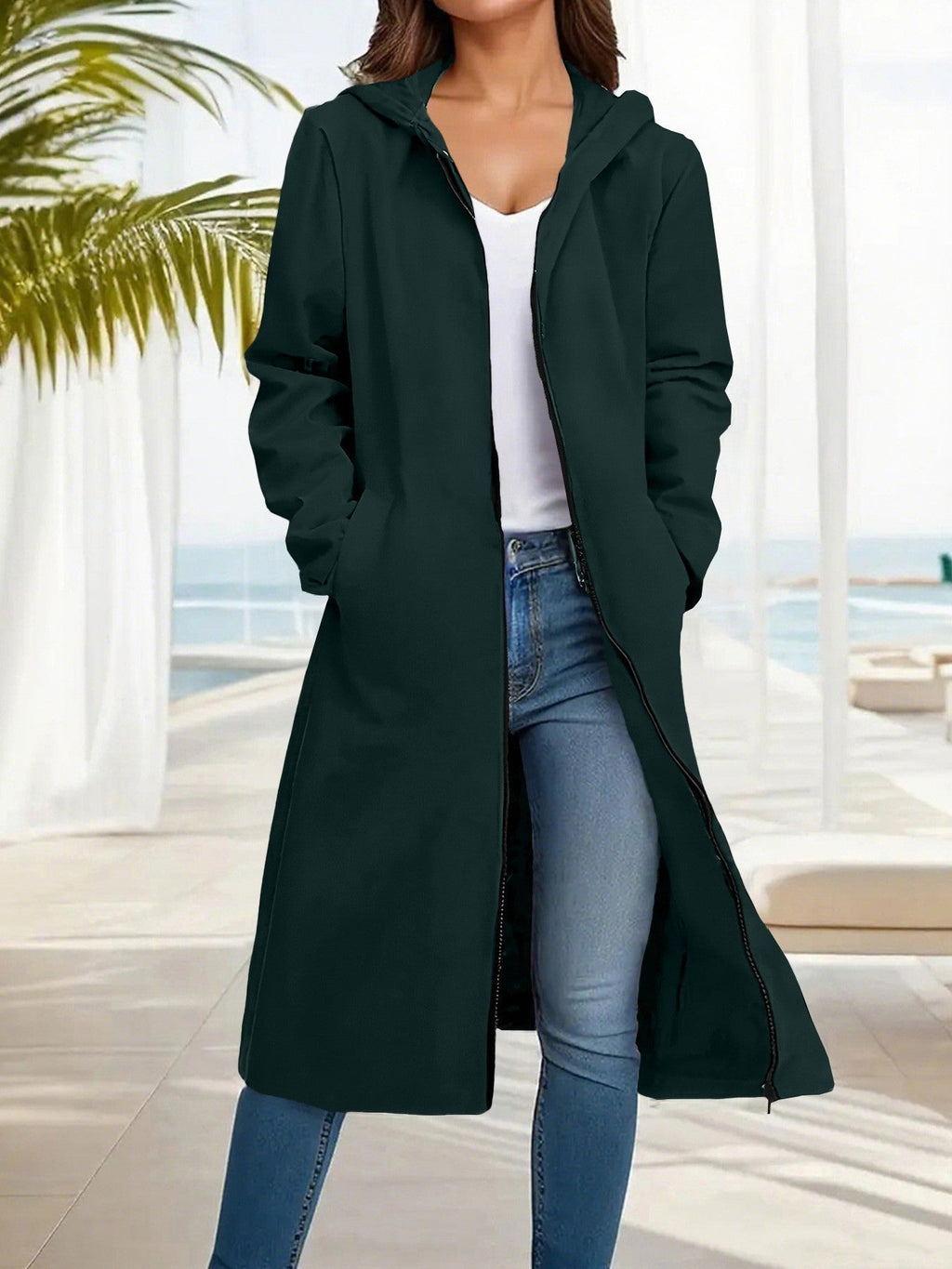 Manteau long à capuche pour femmes avec fermeture éclair intégrale et coupe A décontractée Echoarchiv