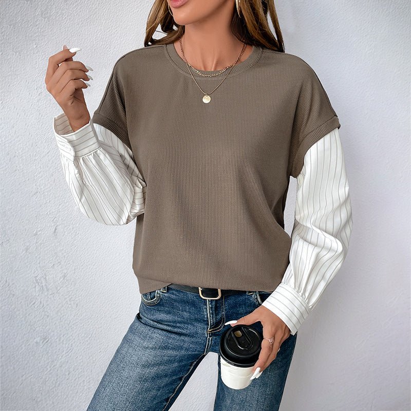 T-shirt long casual pour femmes avec haut en rib et manches de blouse rayées Echoarchiv