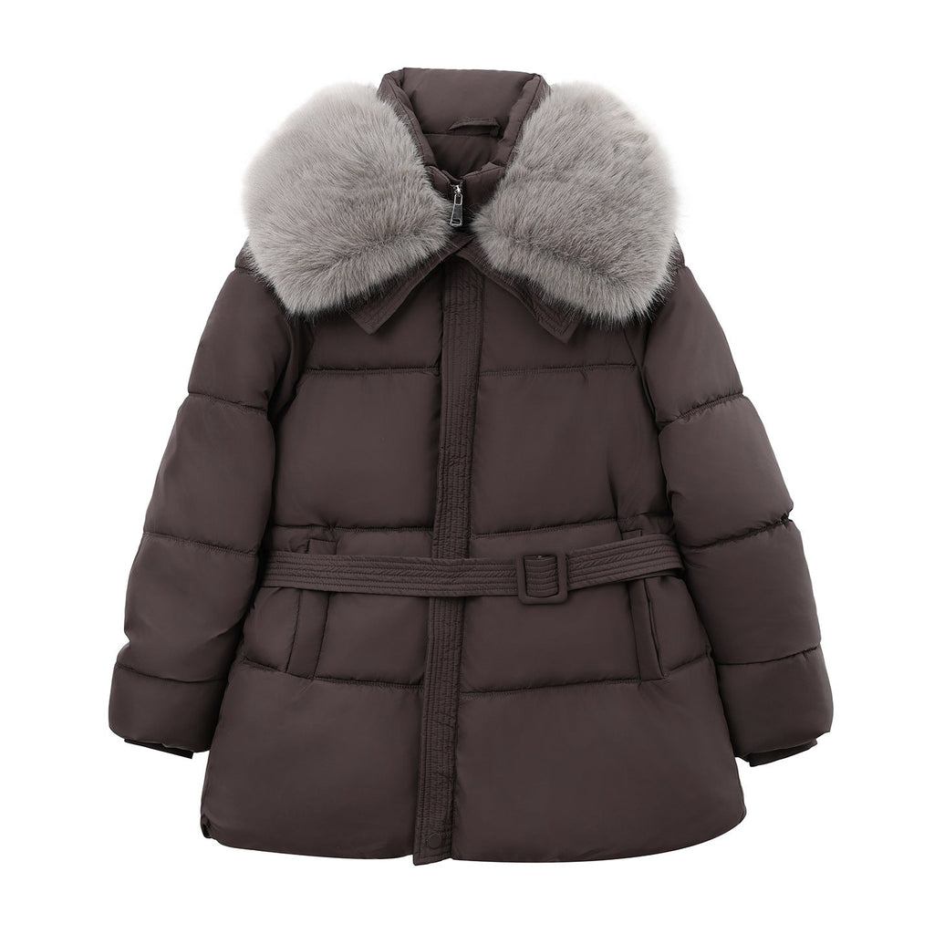 Manteau court matelassé pour femmes avec col en fausse fourrure volumineux et ceinture en tissu cintrée Echo Archiv