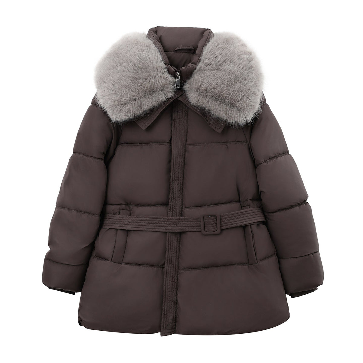 Manteau court matelassé pour femmes avec col en fausse fourrure volumineux et ceinture en tissu cintrée Echo Archiv