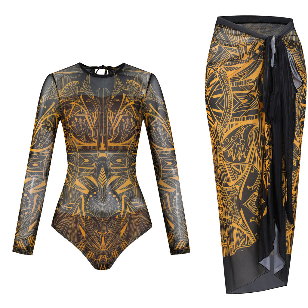 Maillot de bain à manches longues pour femmes avec design graphique moderne R&B